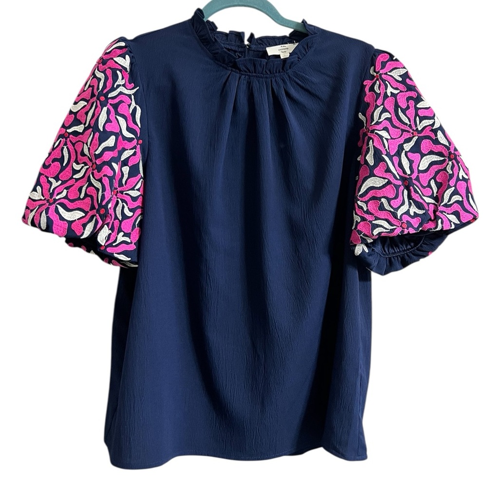 Entro Women’s Navy Short Sleeve Blouse with Floral Puff Sleeve Details